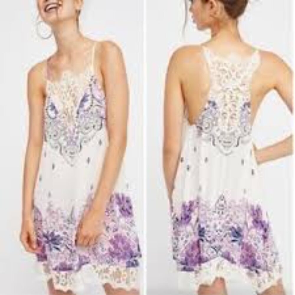 Free People Who's Sorry Now Printed Slip Dress XS floral paisley purple white